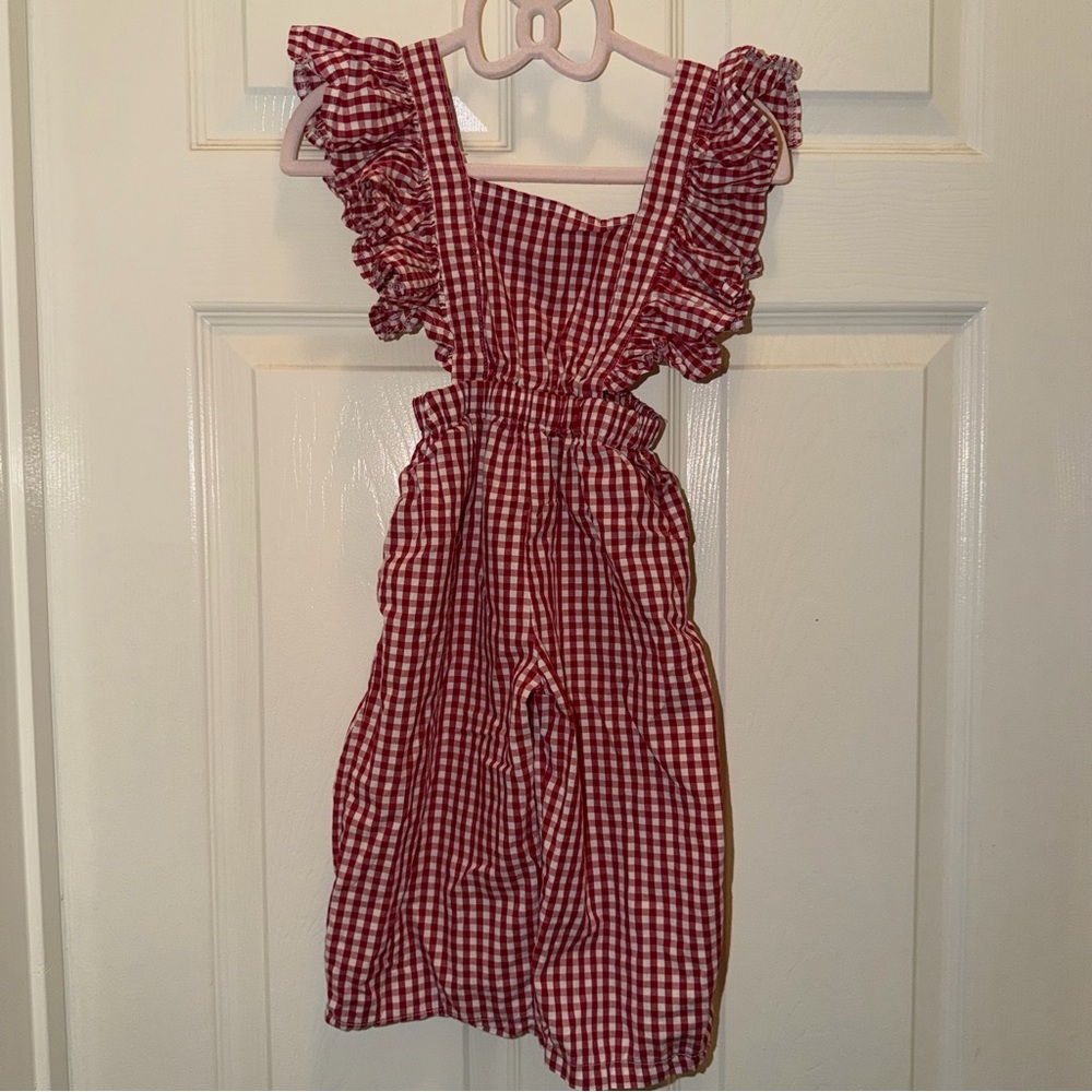 Bailey’s Blossoms Red White Gingham Plaid Flutter Sleeve Cotton Jumpsuit 2T